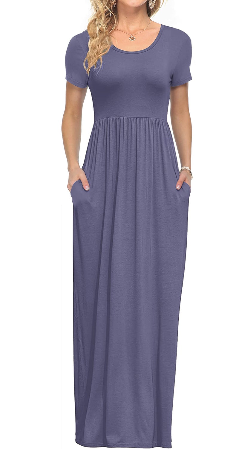 AUSELILY Women's Short Sleeve Loose Plain Casual Long Maxi Dresses for Women 2026 Purple Gray XL - Image 1
